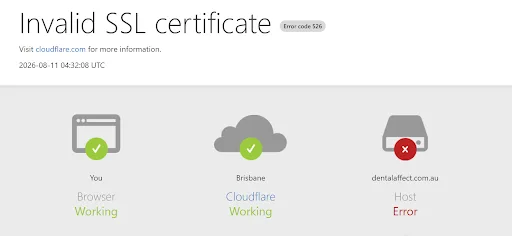 Browser warning showing an invalid SSL certificate on the Dental.Affect site before the rebuild