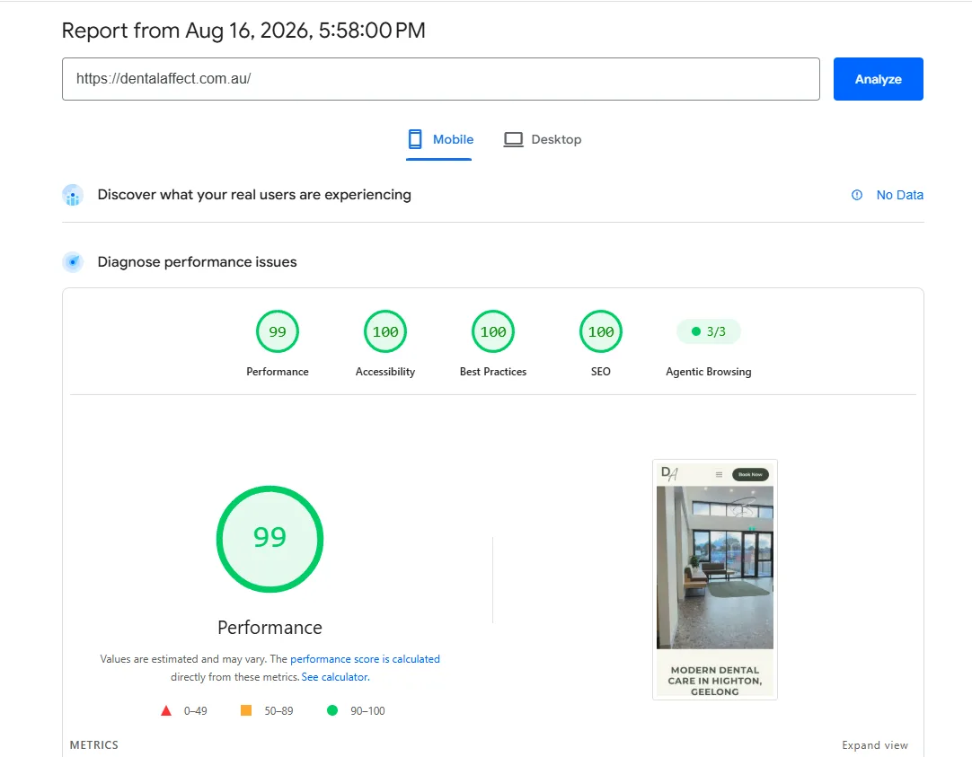 PageSpeed Insights report showing improved performance scores for the Dental.Affect site after the rebuild