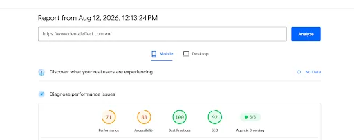 PageSpeed Insights report showing poor performance scores for the Dental.Affect Duda site before the rebuild